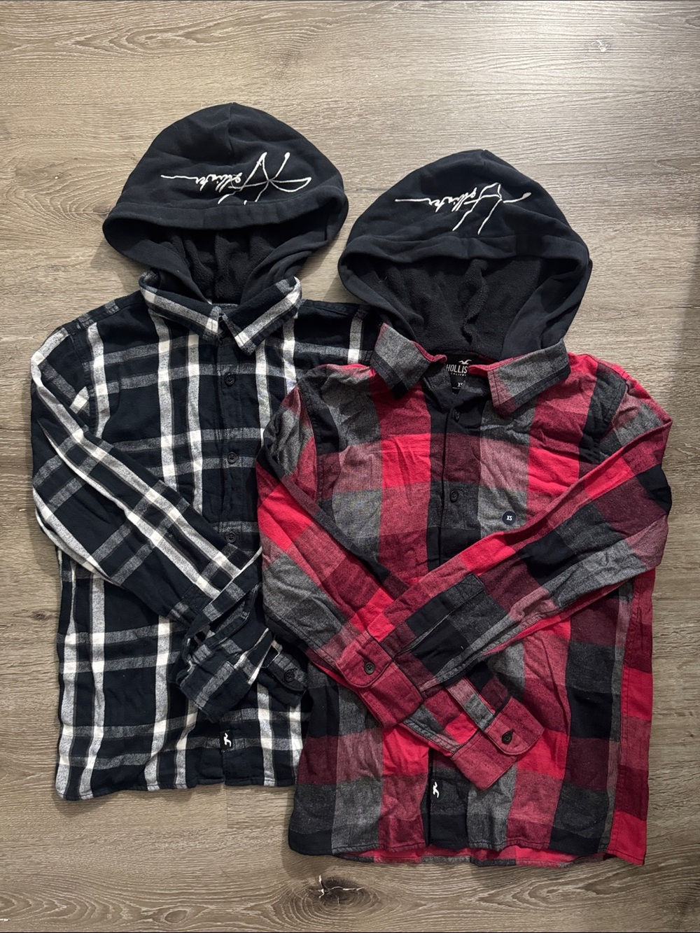 Hollister Red, Black & Gray Plaid Hooded Button-Down Shirt
